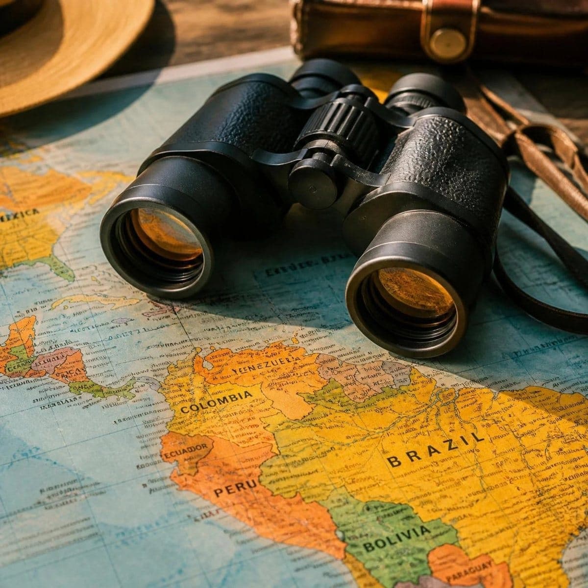 Binoculares sobre un mapa de América Latina
