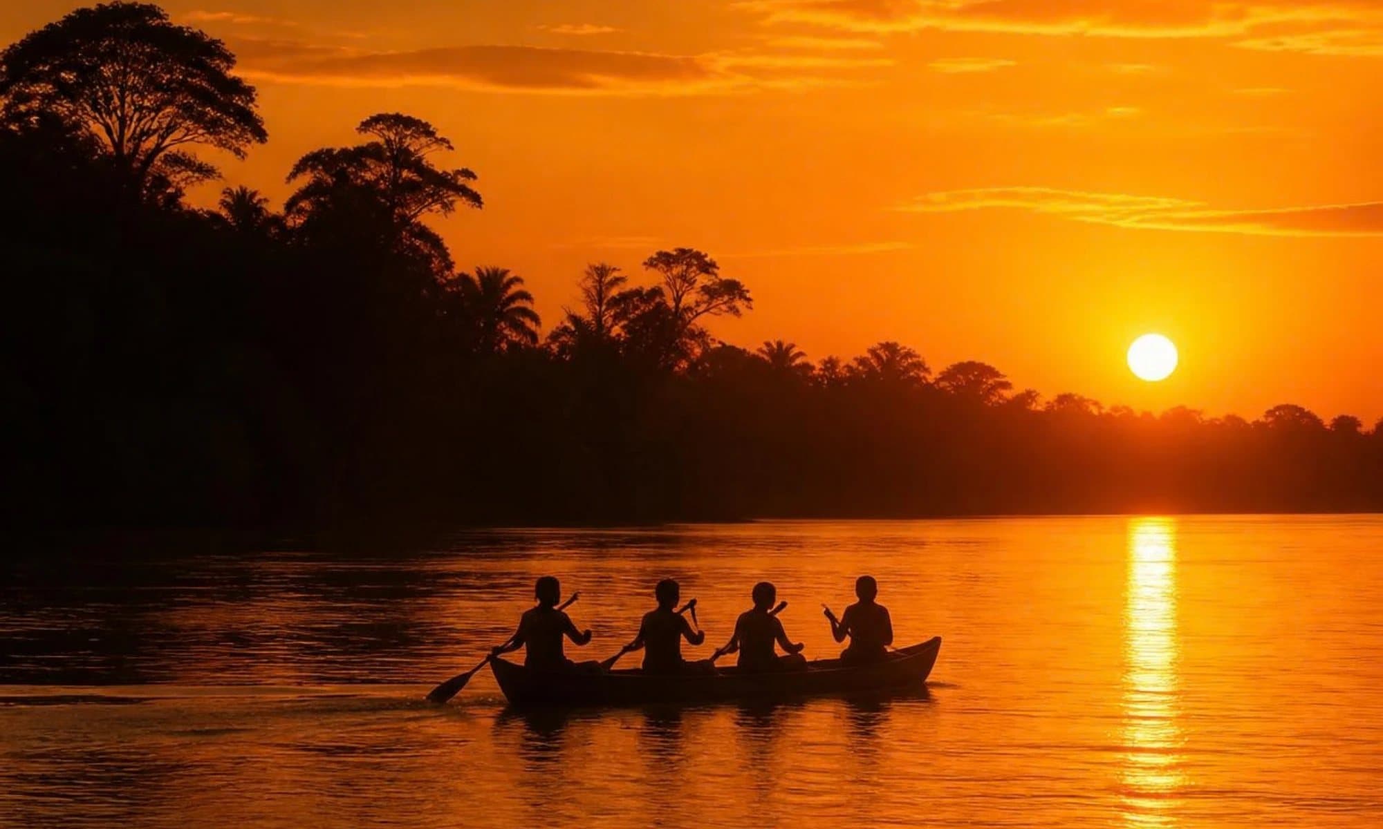 Canoa navegando un río al atardecer, entre la selva